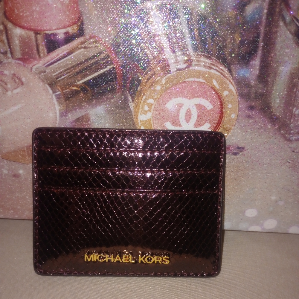Michael Kors Metallic Snakeskin cardholder In Oxblood